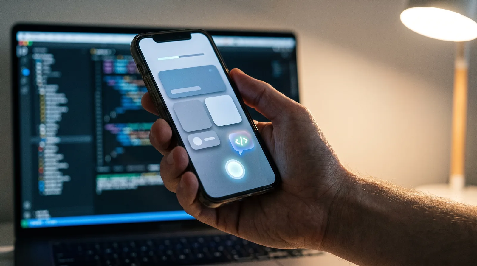 A hand holding a phone showing a mobile app interface, with a code editor visible in the background