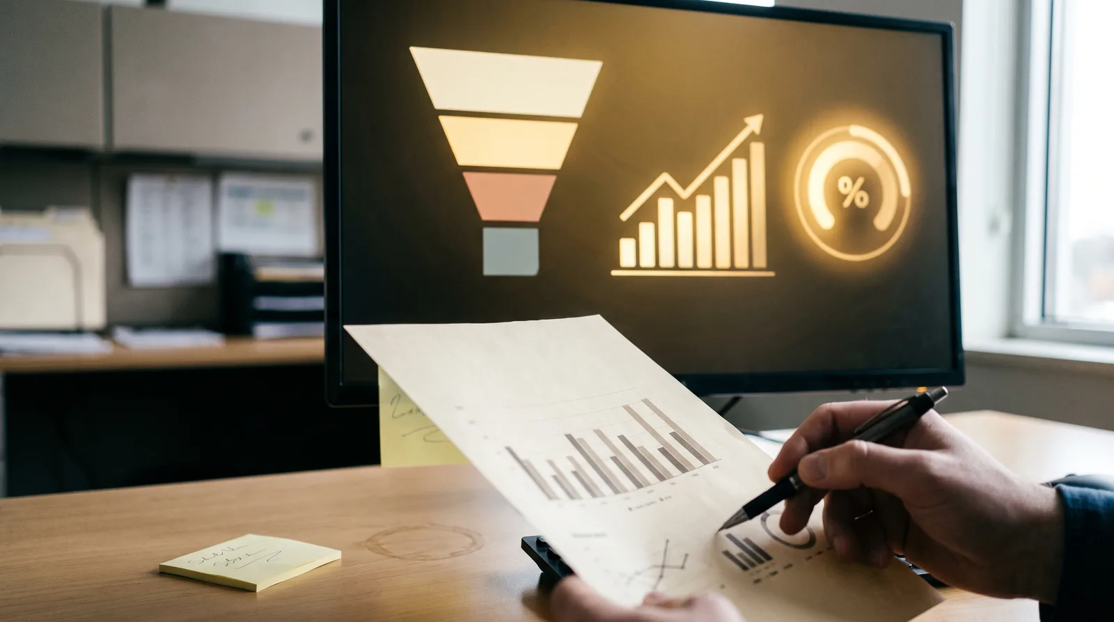 A campaign dashboard showing a conversion funnel and growth chart, with a printed performance report in the foreground
