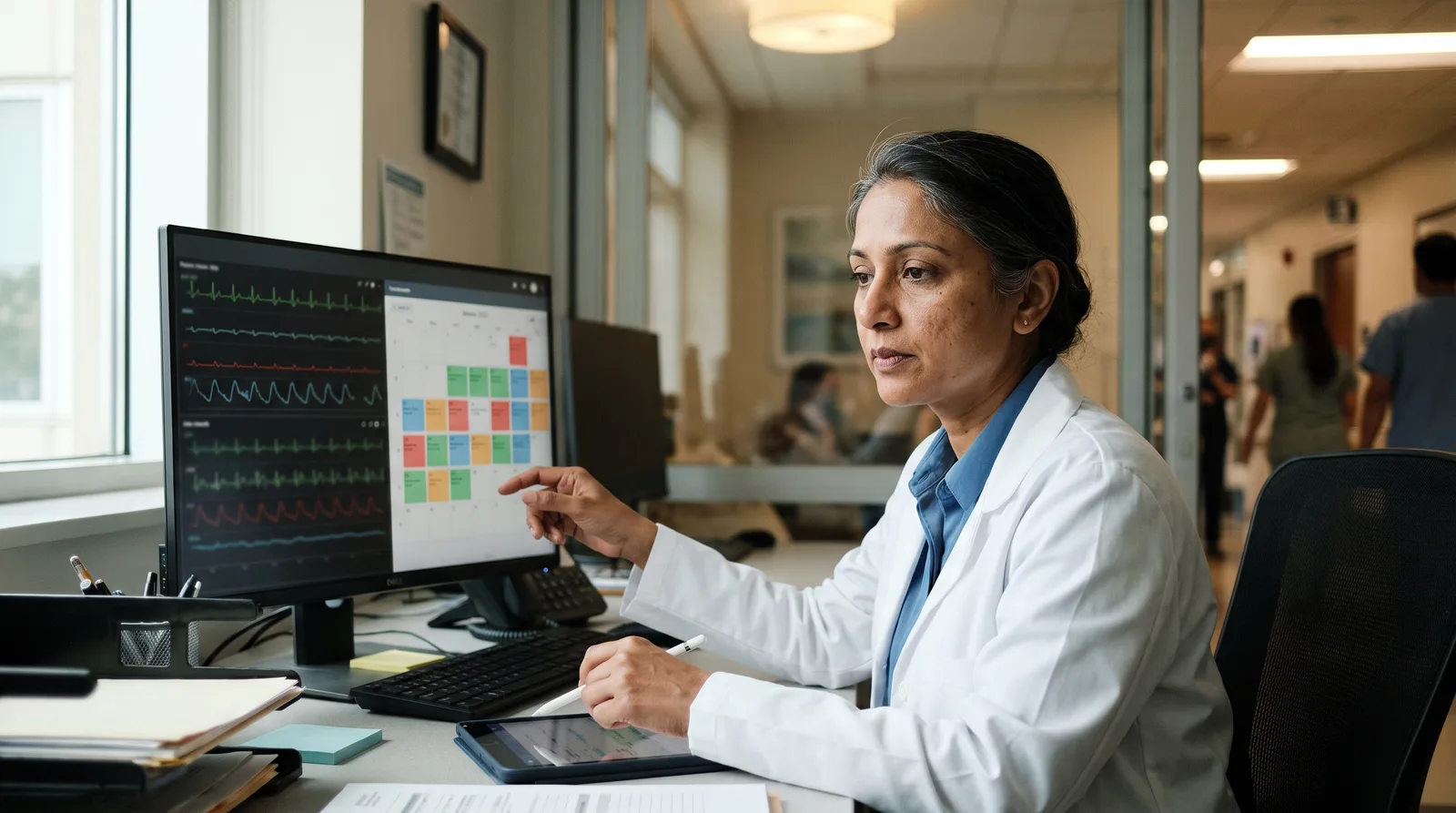 A clinician reviewing patient vitals and scheduling on a hospital dashboard