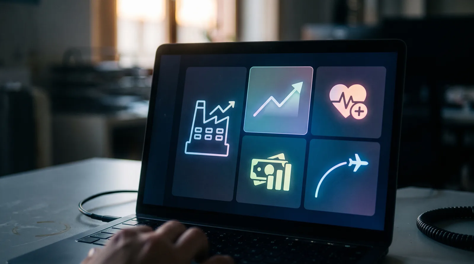 A laptop dashboard showing AI applied across manufacturing, finance, healthcare and aviation sectors