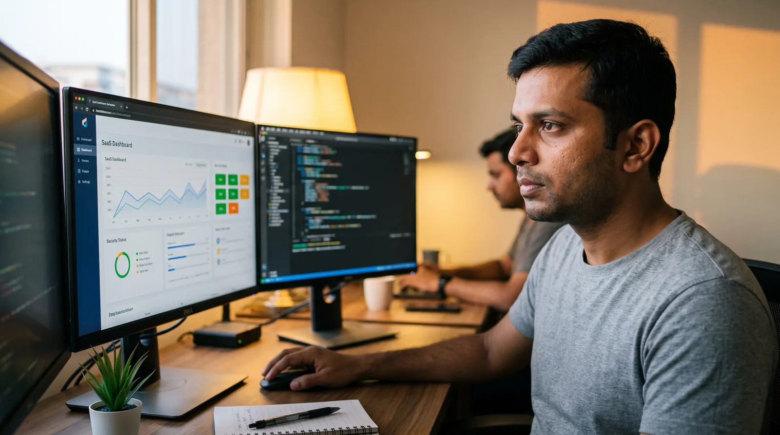 An engineer's desk with live project dashboards on screen, the day-to-day view of how the team tracks delivery