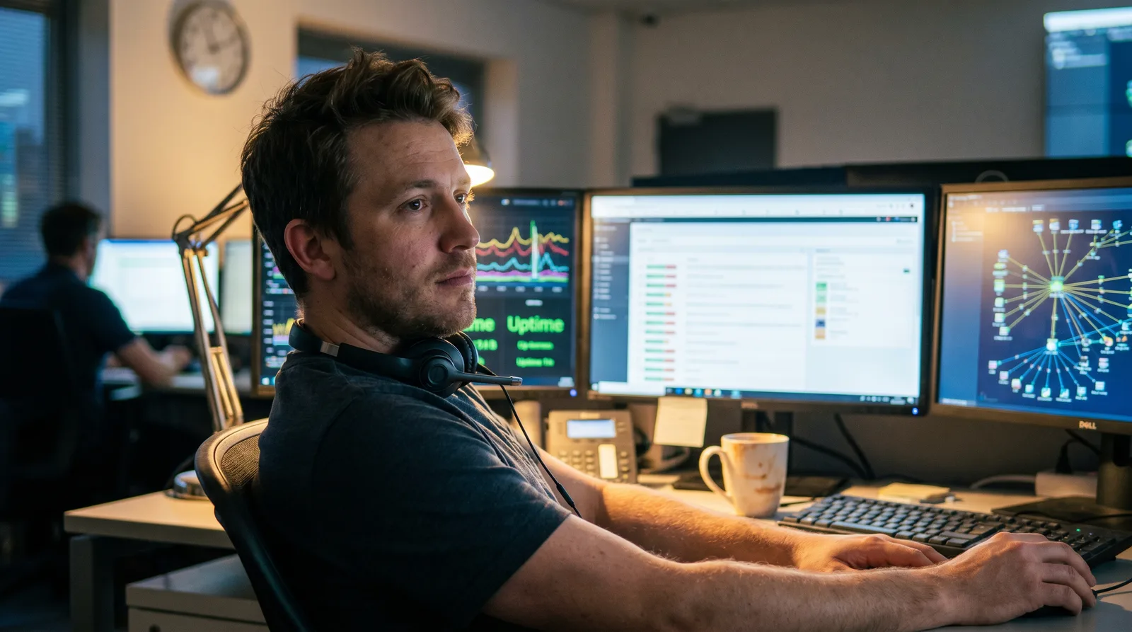 An IT operations engineer monitoring uptime and network dashboards at a NOC desk