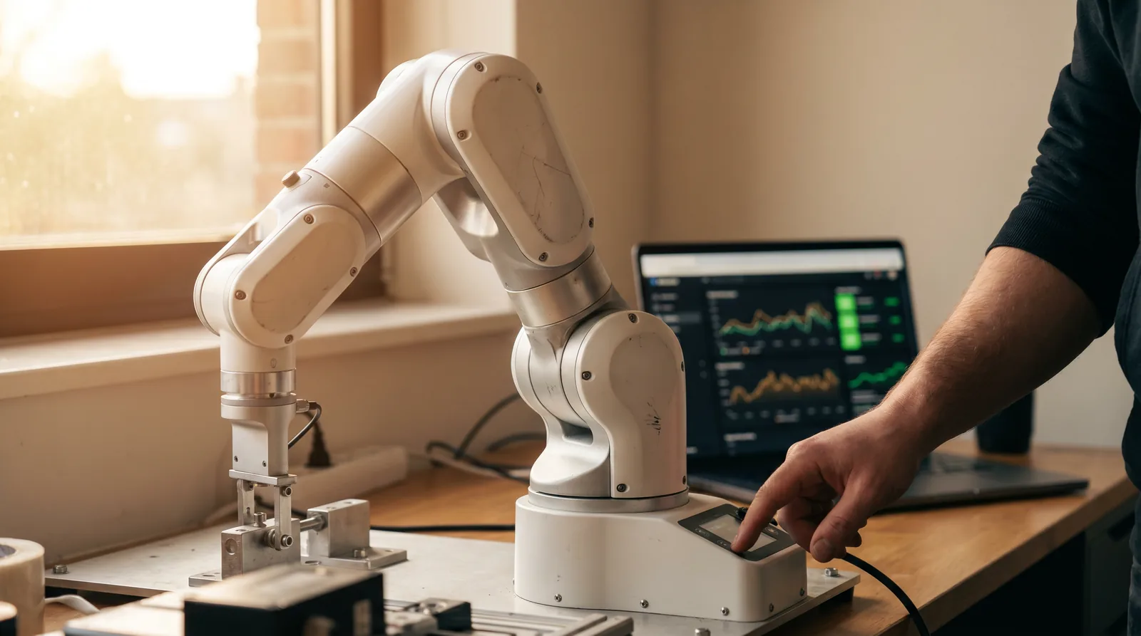 Close detail of a robotic arm mid-operation, representing the precision engineering behind our automation work