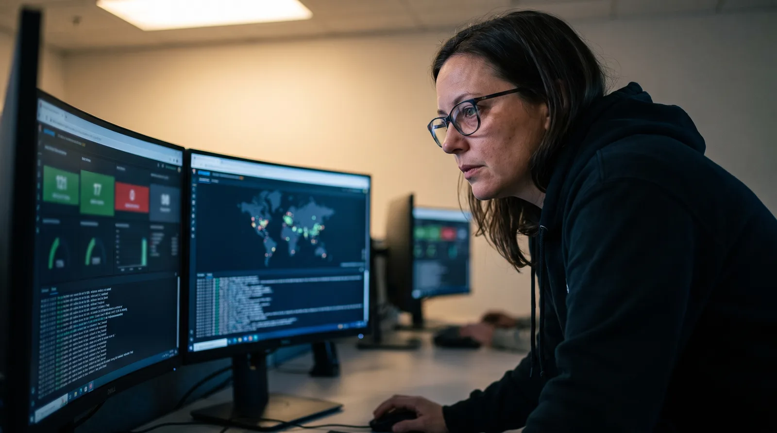 A security analyst monitoring threat-detection dashboards across multiple screens in a SOC