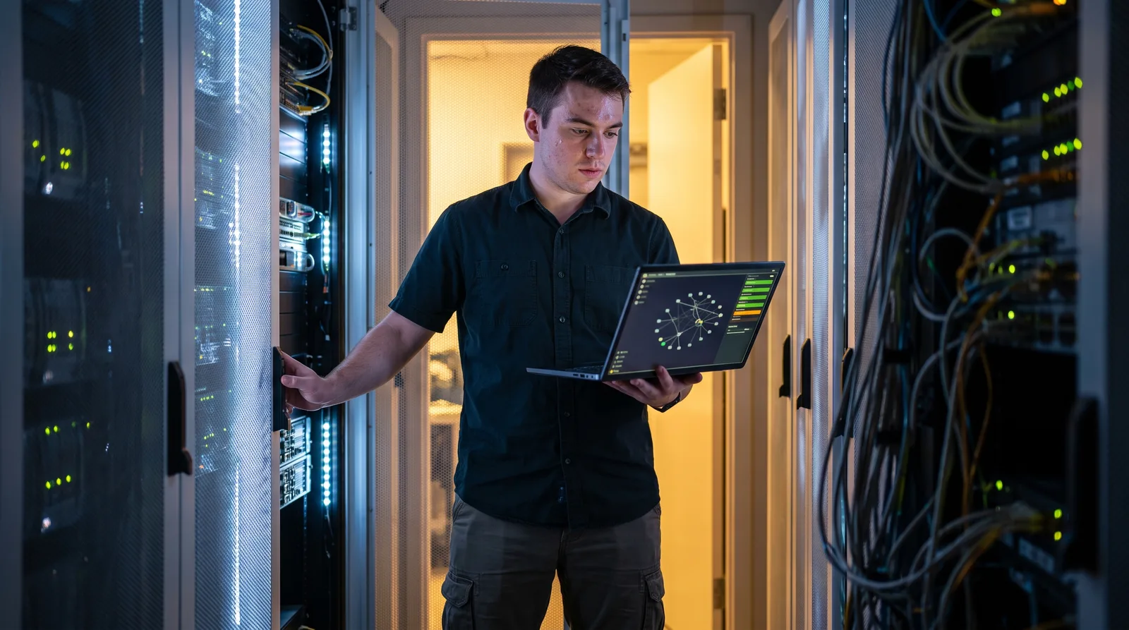 An infrastructure engineer checking a cloud console on a laptop in a server room aisle