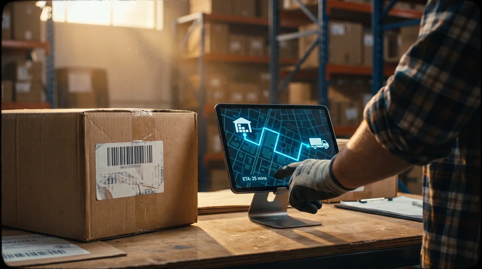 A shipment package next to a tablet showing a live route-tracking map with ETA