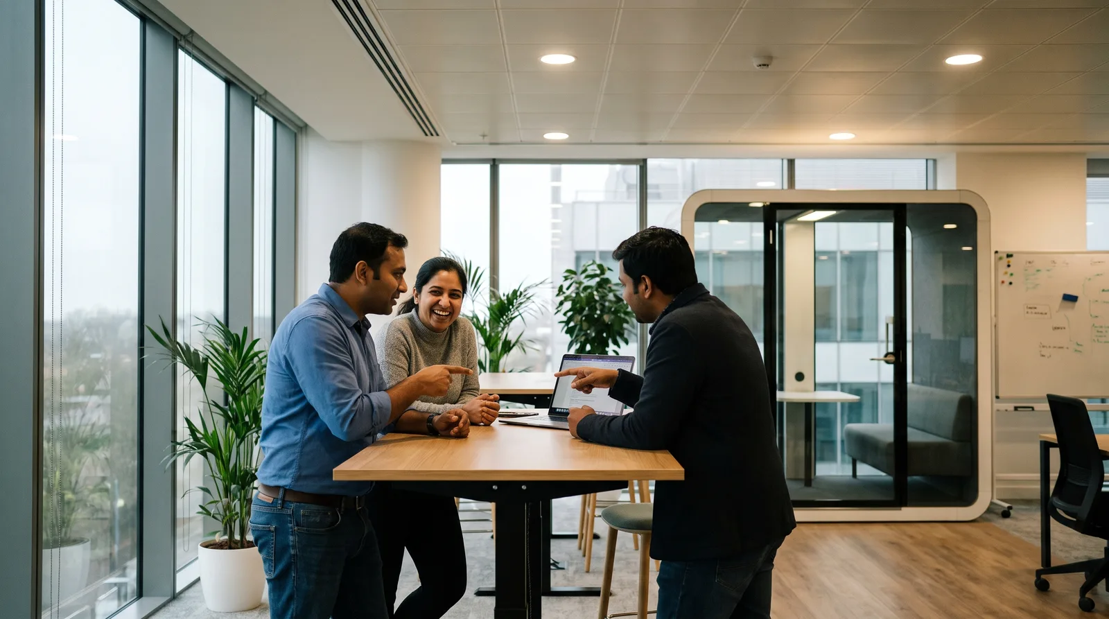 A team of engineers collaborating around a laptop, discussing a project